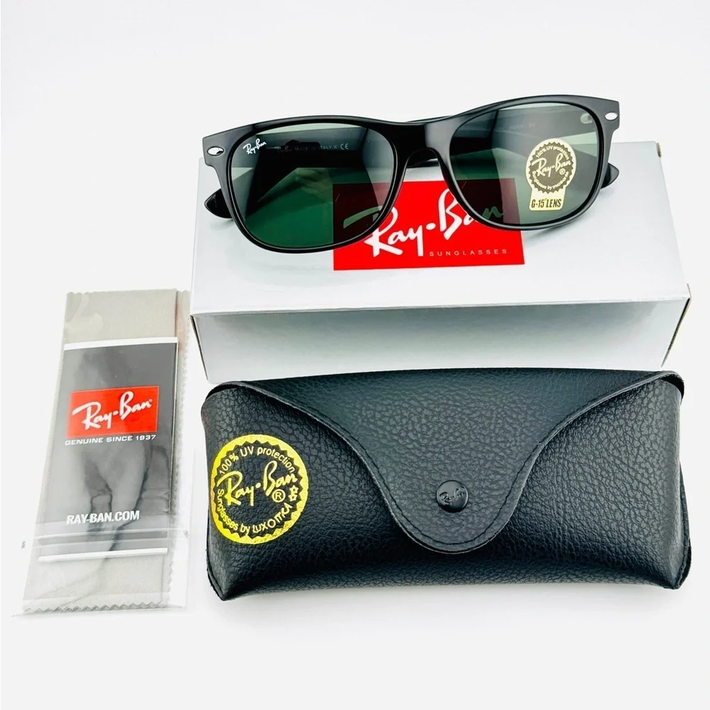 Ray-Ban Sunglasses New Wayfarer Classic RB2132 Polished black Frame Green Lenses - Picture 14 of 14